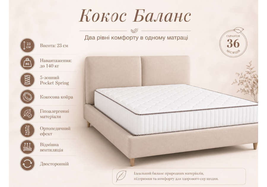 Матрас Кокос Балланс Fabrikum - пружинный двусторонний, жесткий, высокий 23 см