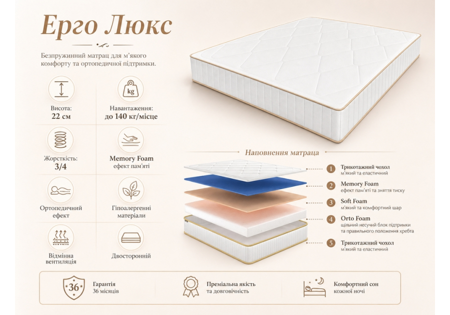 Матрац Ерго Люкс Fabrikum - безпружинний двосторонній з Memory Foam, різна жорсткість, високий 22 см