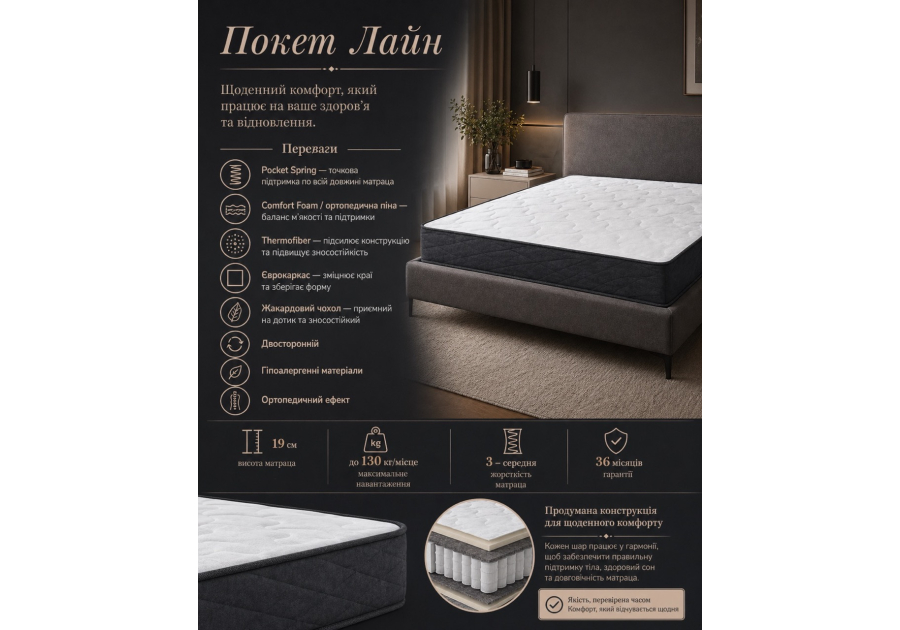Матрас Покет Лайн Fabrikum - пружинный двусторонний, средняя жесткость, 19 см