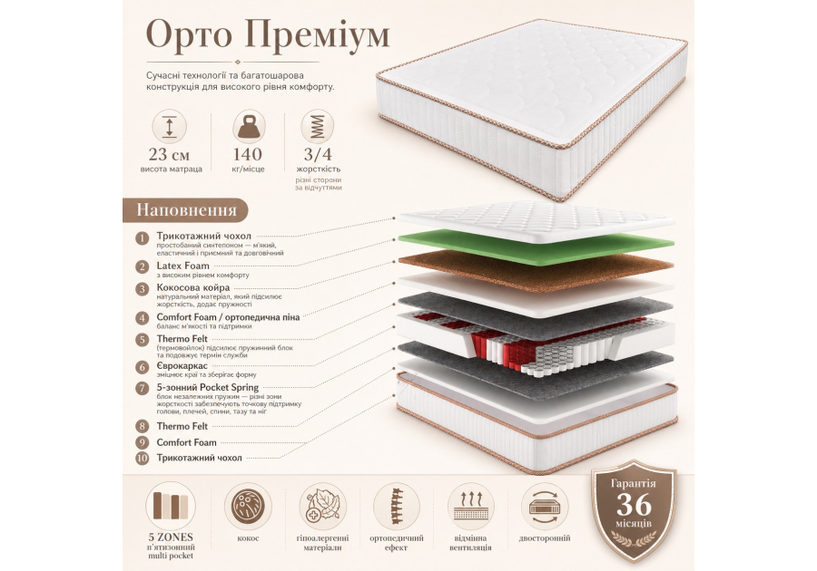 Матрас Орто Премиум Fabrikum - пружинный двусторонний, разная жесткость, высокий 23 см