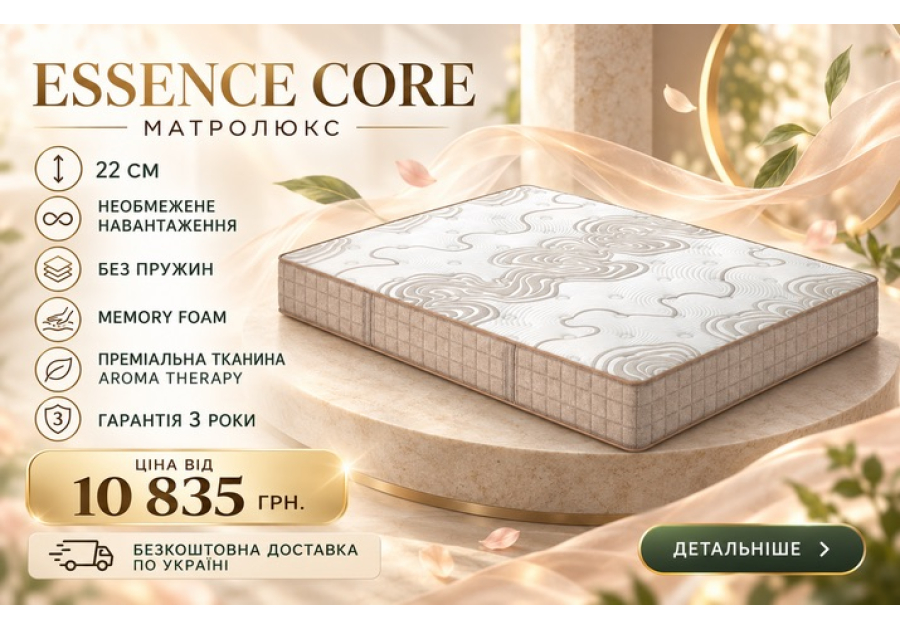 Матрас Core Essence Матролюкс - беспружинный односторонний, с Memory Foam, 22 см