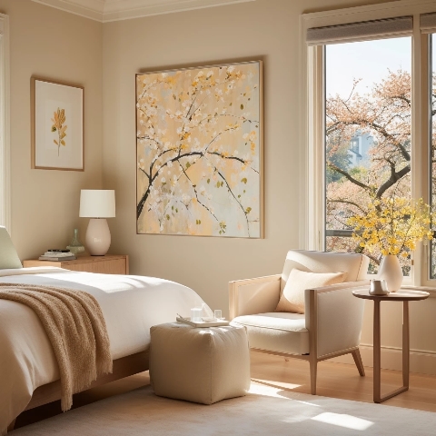 Картина с цветами в интерьере спальни